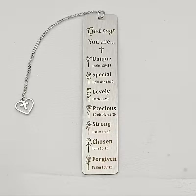 Stainless steel Christian bookmark with Bible verses and heart cross charm