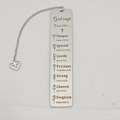 Stainless steel Christian bookmark with Bible verses and heart cross charm