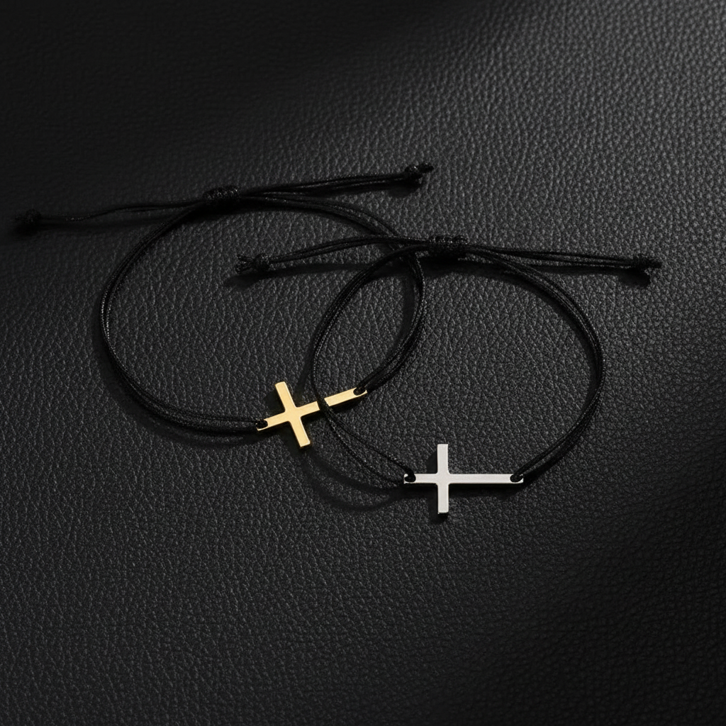 Cross Bracelets on Black Leather