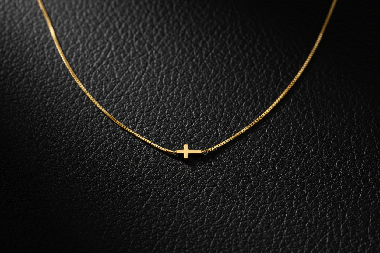 Delicate Gold Cross Necklace on Black Leather