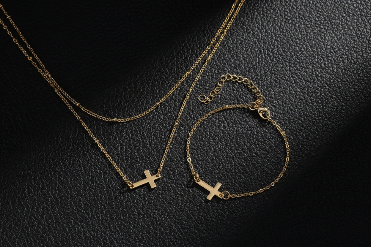 Gold Cross Jewelry Set on Black Leather