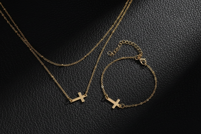 Gold Cross Jewelry Set on Black Leather