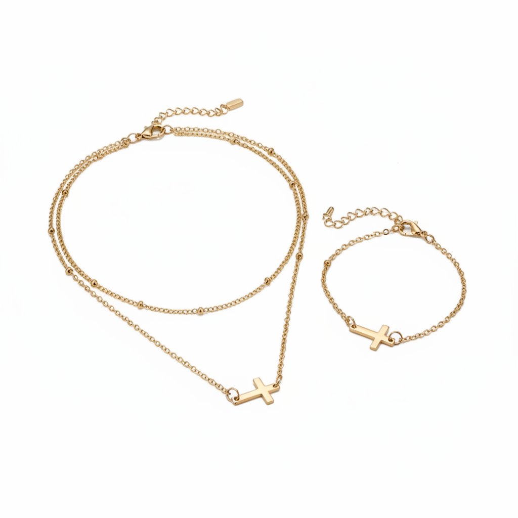 Gold Cross Jewelry Set on White Background