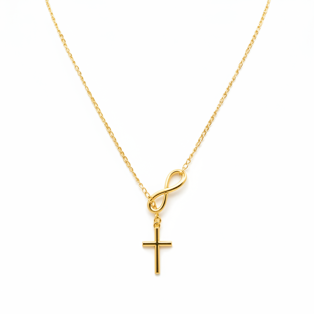 Gold Infinity Cross Necklace - White Background Cover