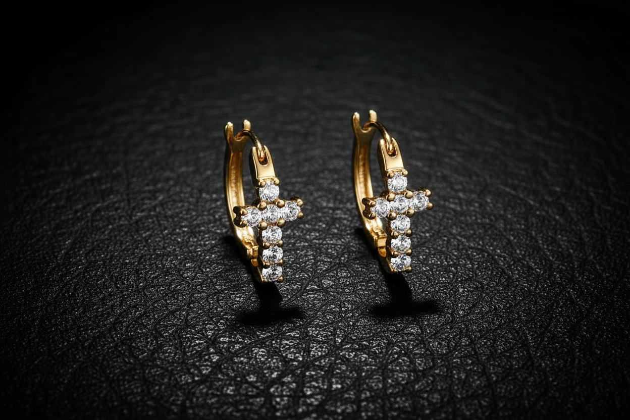 Gold Zirconia Cross Hoop Earrings on Black Leather
