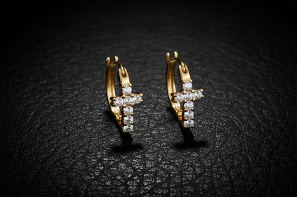 Gold Zirconia Cross Hoop Earrings on Black Leather
