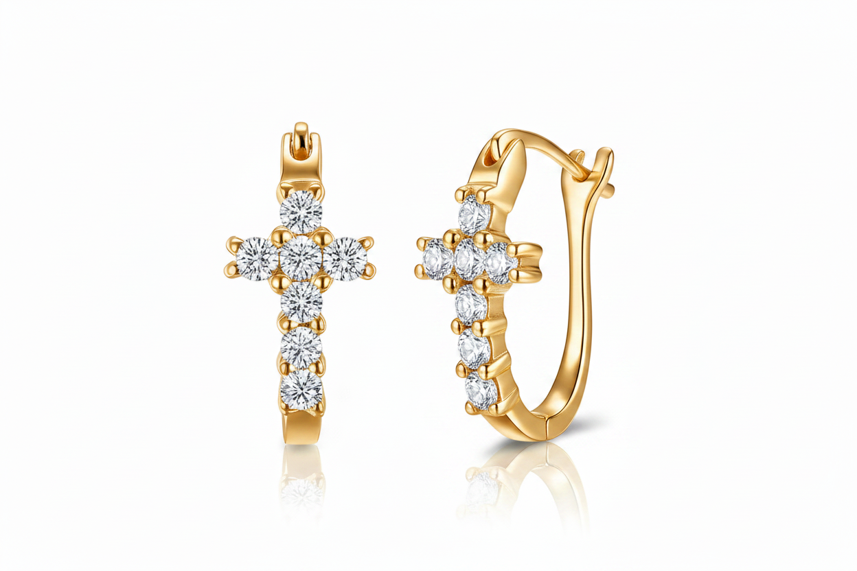 Gold Zirconia Cross Hoop Earrings on White Background