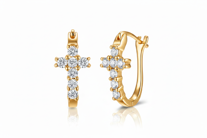Gold Zirconia Cross Hoop Earrings on White Background