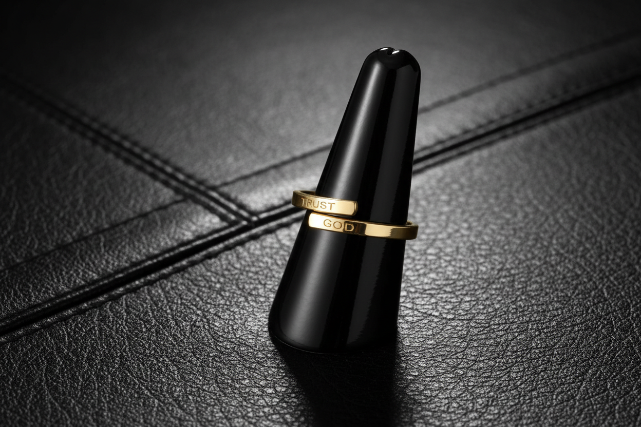 Trust God Wrap Ring on black leather ring holder
