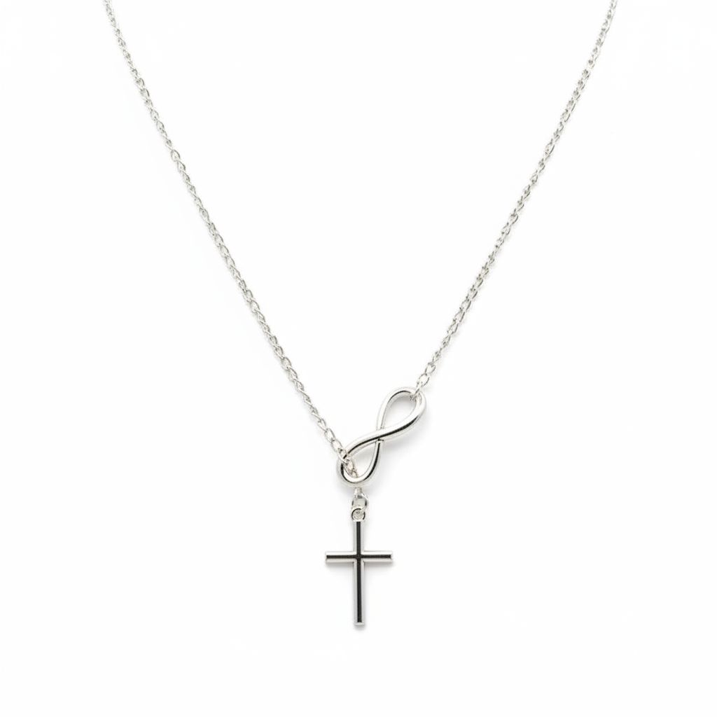 Silver infinity cross necklace front view on white background