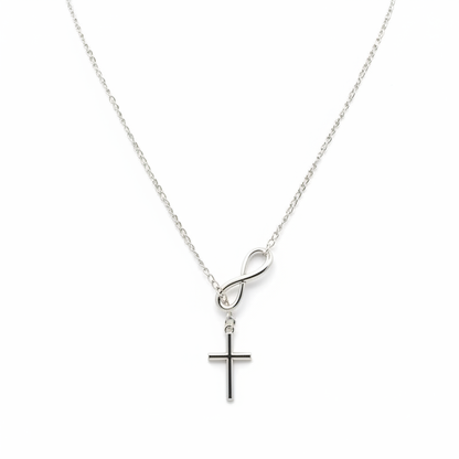 Silver infinity cross necklace front view on white background