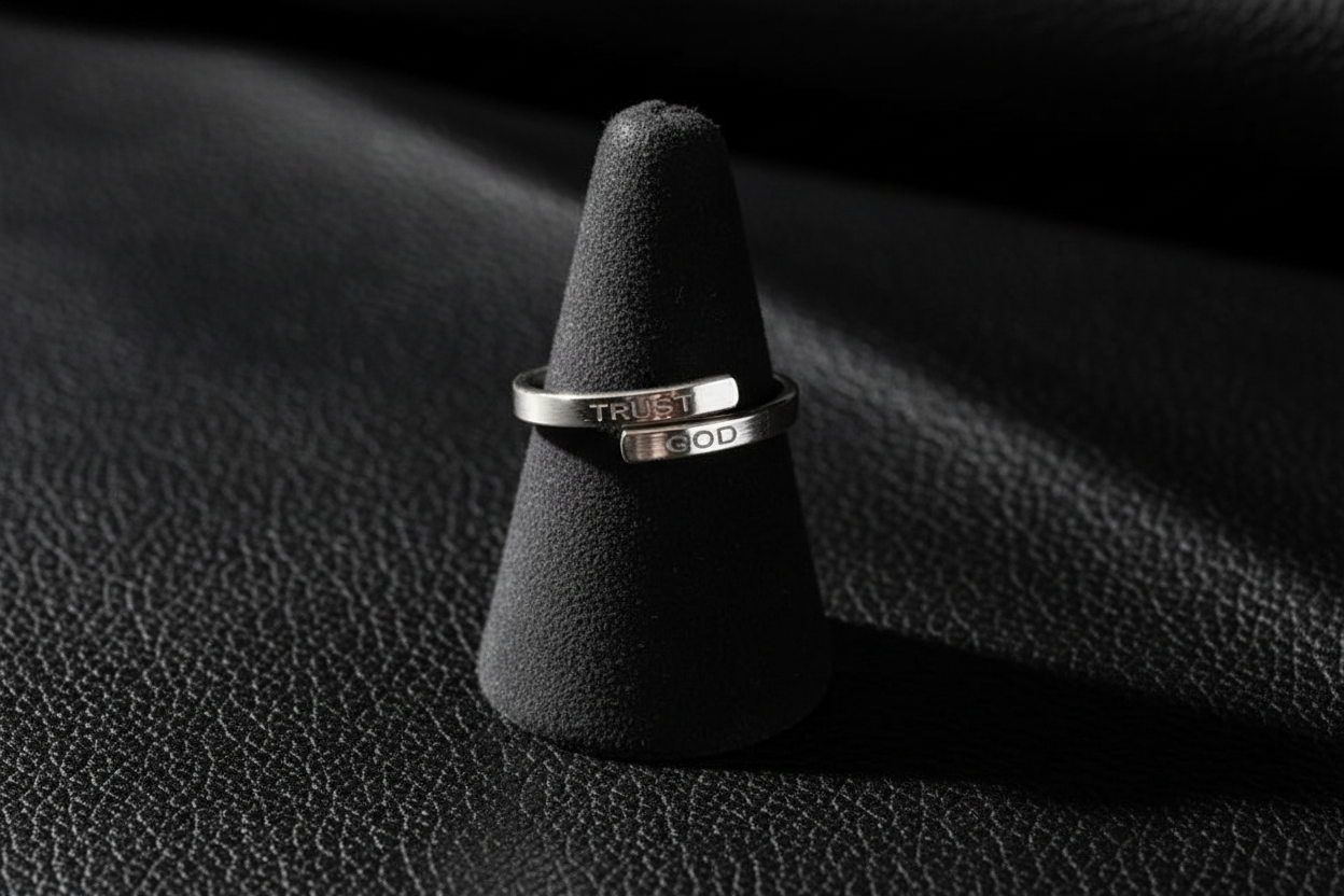 Trust God Silver Wrap Ring on black leather ring holder