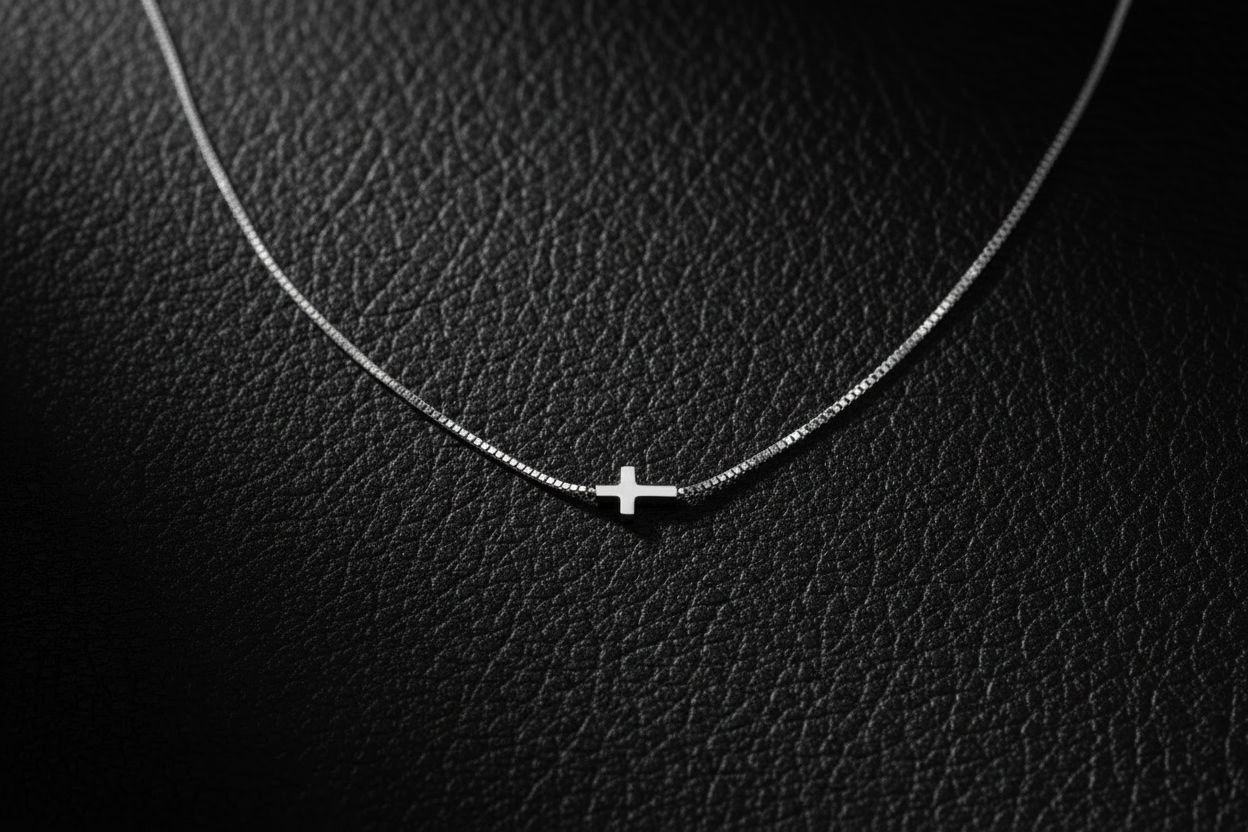Silver Cross Necklace on Black Leather