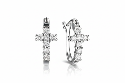 Silver Crystal Cross Earring Pair on White Background