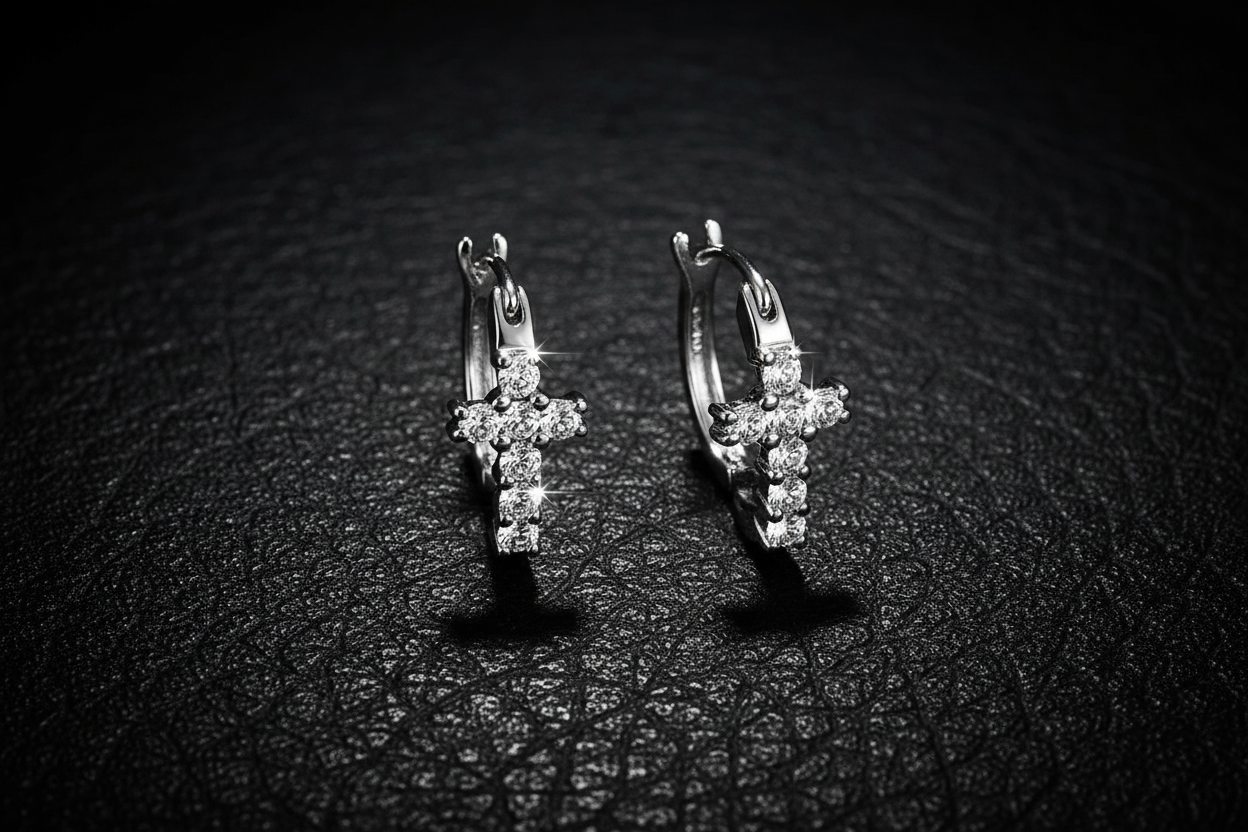 Silver Crystal Cross Hoop Earrings Closed on Black Leather