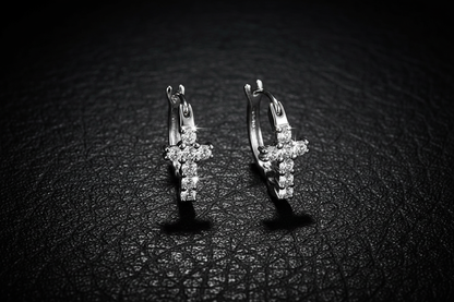 Silver Crystal Cross Hoop Earrings Closed on Black Leather