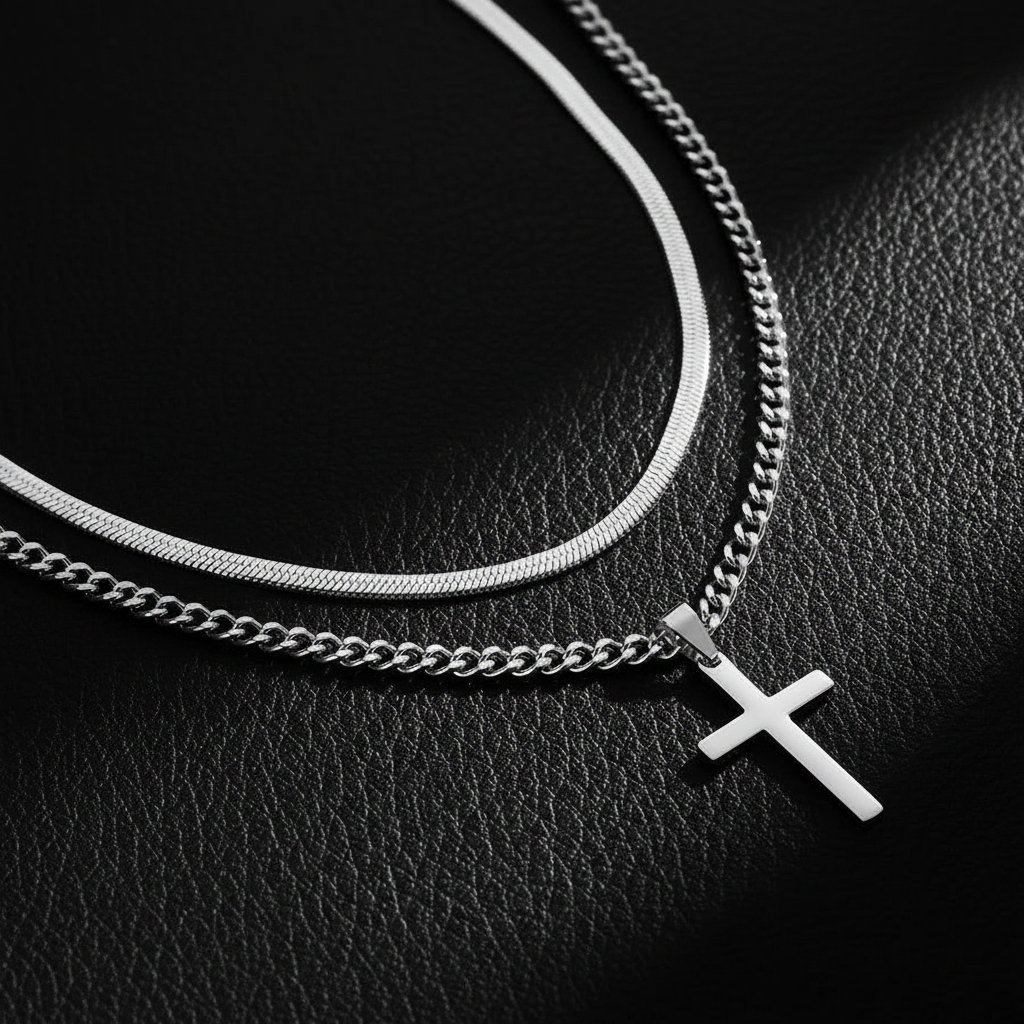 Silver necklace bundle on black leather zoomed out