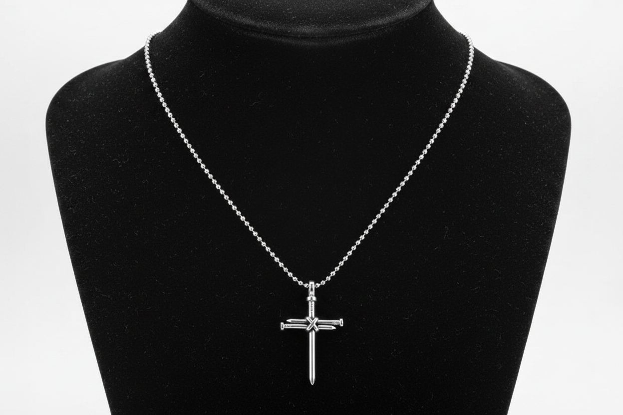 Small Silver Nail Cross Necklace on Black Jewelry Display