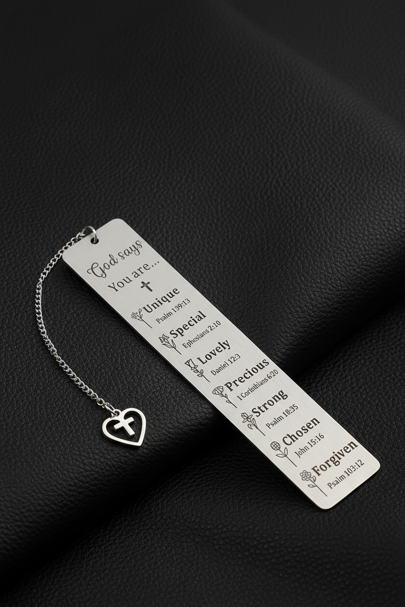 Stainless Steel Bookmark on Black Leather Background